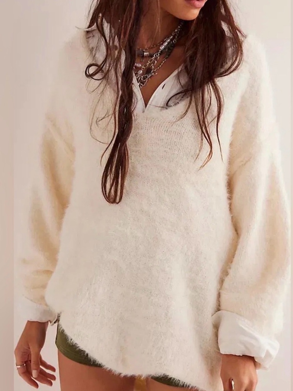 Free People Cream V-Neck Sweater